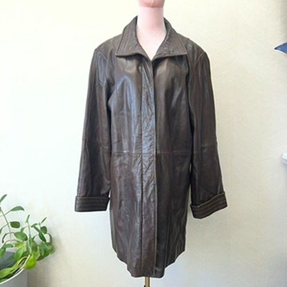 Vintage Long Cuffed Sleeve Brown Lamb Leather Quilted Button Front Jacket Womens